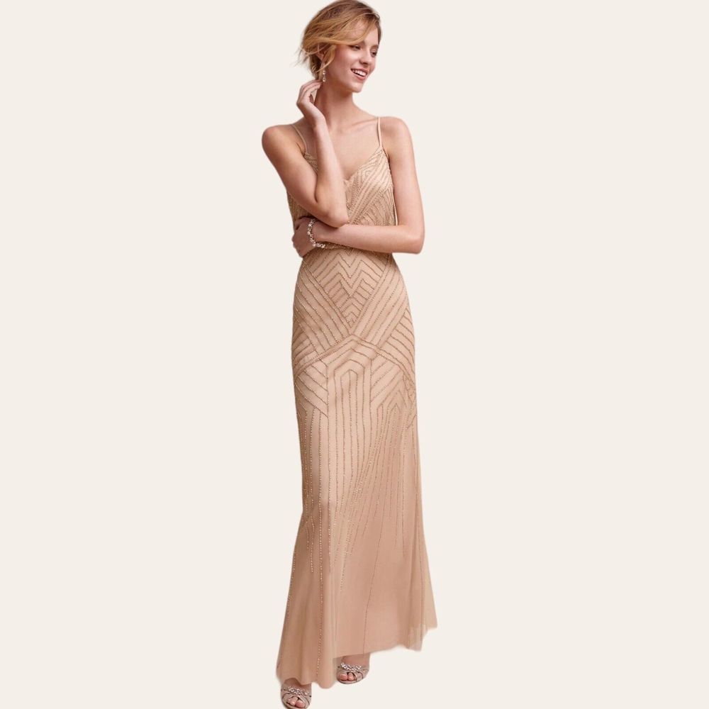 ADRIANNA PAPELL for BHLDN Taupe & Gold Beaded Blouson Sophia Gown Dress 6 Flaw